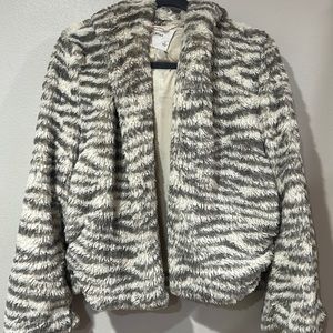 Hooded Olivaceous faux fur jacket size S Small grey / cream strip
